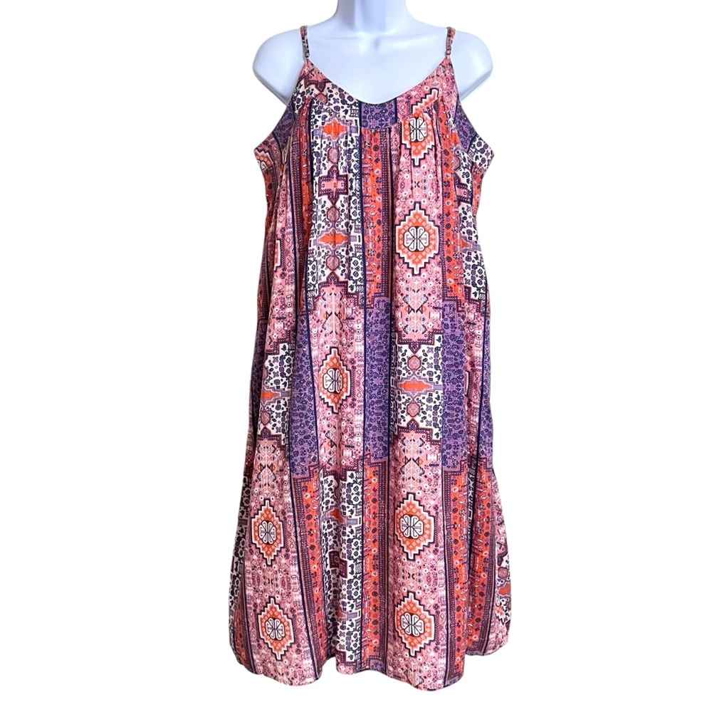 Lucky Brand Womens Boho Aztec Patchwork Stripe Sun Dress L Pink Purple Festival